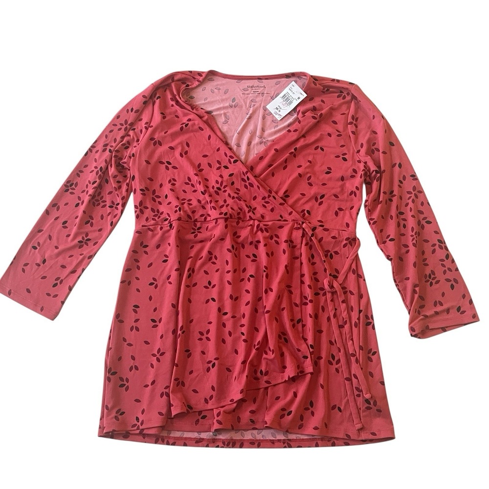 NWT Motherhood Maternity Size M Blouse Pink Leaves Babydoll 3/4 Sleeve Tie